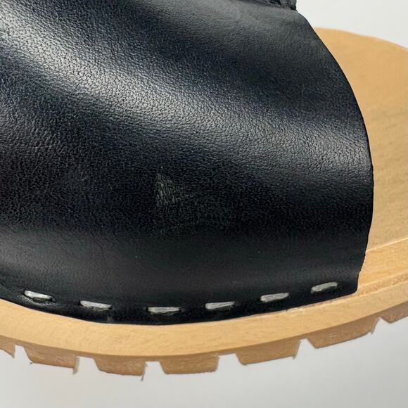 Swedish Hasbeens Ann Low Sandals Mules Clogs Black Leather Wooden Sole Size 41 - Picture 11 of 13